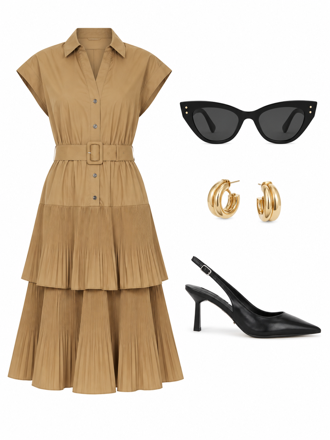 Outfit collage: belted Lowen shirt dress in latte with black Hallie heels from alba