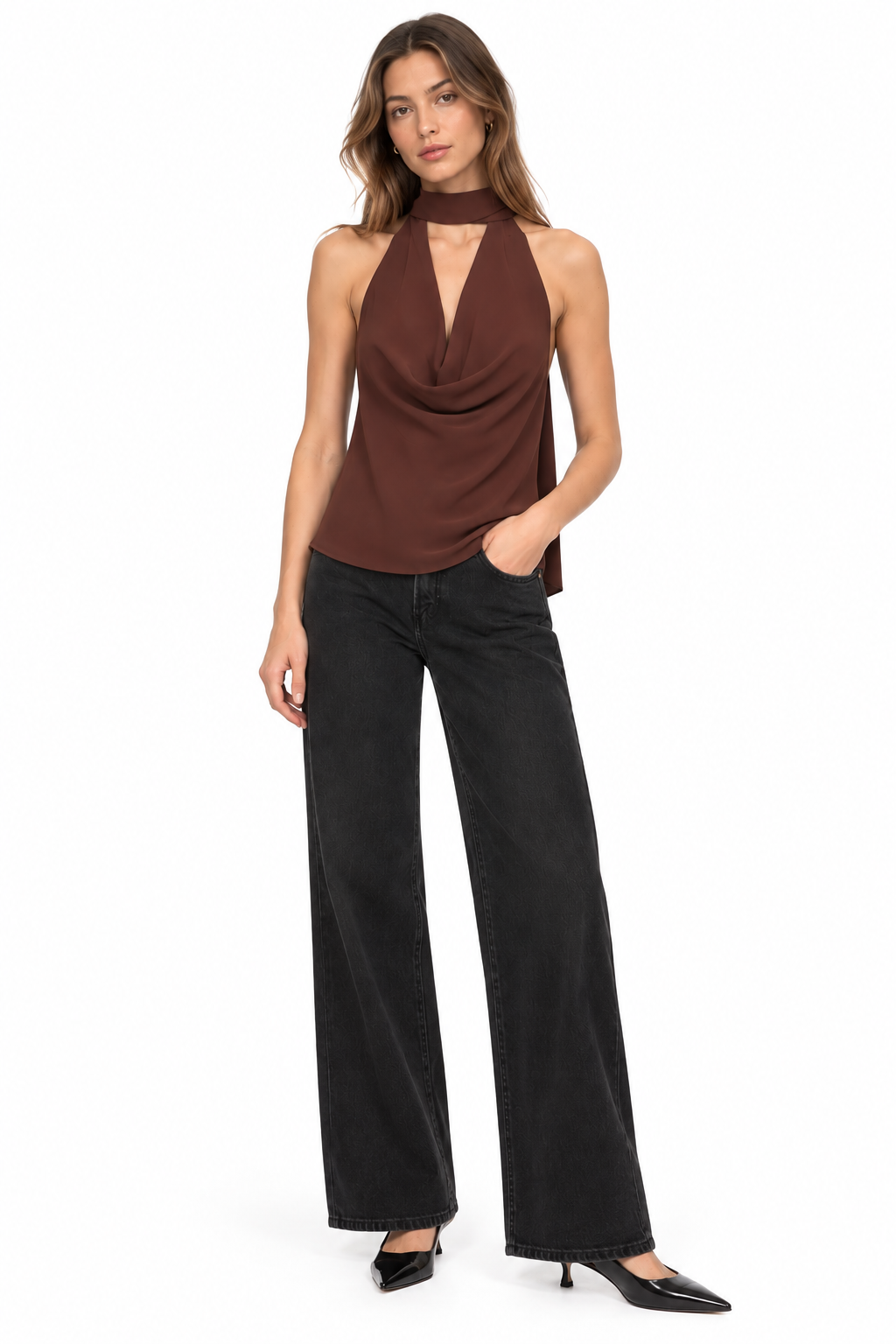 Outfit collage: brown Mickie top with wide-leg jeans from alba