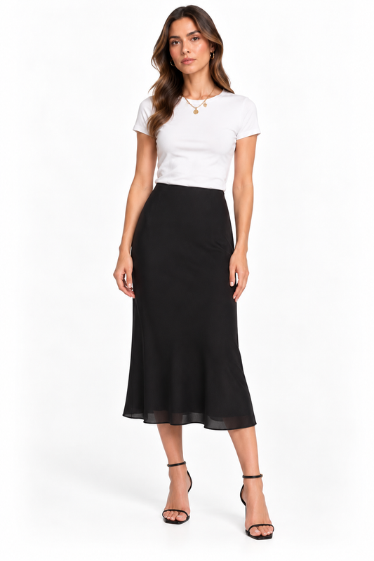 Outfit collage: black Faye midi skirt with a white tee from alba
